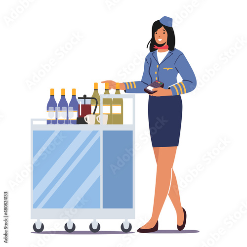 Stewardess Push Trolley with Drinks Holding Pos Terminal. Flight Attendant, Airline Staff, Air Hostess in Blue Uniform