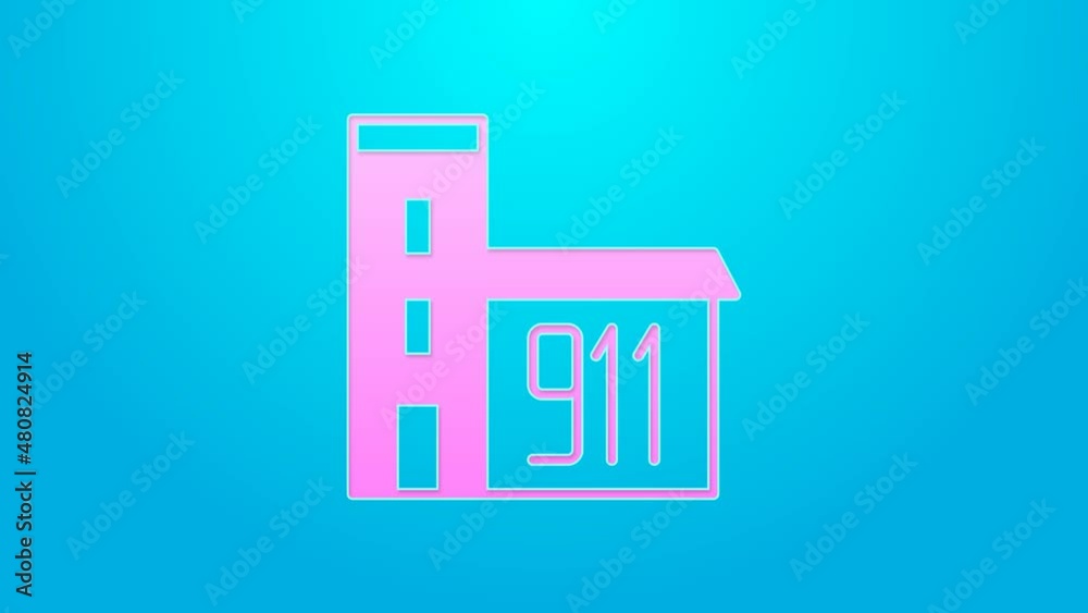 Pink line Building of fire station icon isolated on blue background. Fire department building. 4K Video motion graphic animation Pink line Building of fire station icon isolated on blue background. Fire department building. 4K Video motion graphic animation