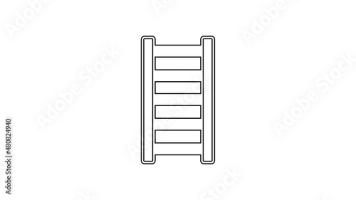 Black line Fire escape icon isolated on white background. Pompier ladder. Fireman scaling ladder with a pole. 4K Video motion graphic animation
