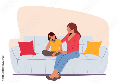 Parent Character Support Child. Mother and Daughter Sit on Sofa in Living Room Speak and Share Problems. Mom and Girl