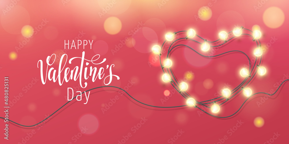 Holiday horizontal banner with realistic heart-shaped light garland and text Happy Valentine’s Day on red background. Vector flyer with festive decoration with yellow glowing bulbs and effect bokeh.