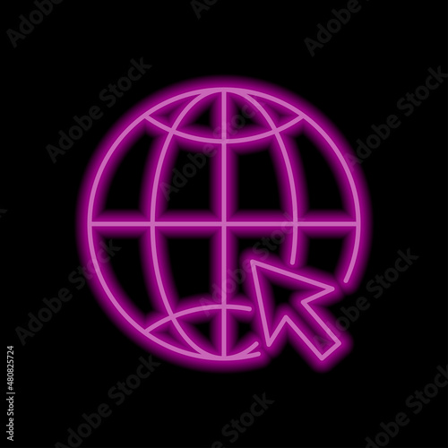 Internet world simple icon. Flat desing. Purple neon on black background.ai