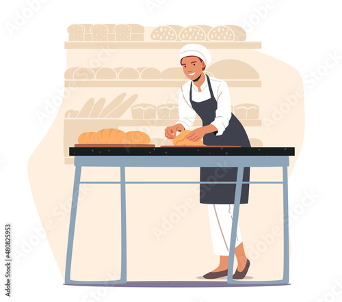 Female Baker Character Kneading Dough on Table for Baking Bread. Worker on Modern Confectionery Manufacture or Bakehouse
