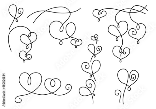 Plants and vines with hearts in line art stile isolated on white background. Floral border and corner for wedding card, Valentines day, greeting design, embroidery or other. Vector illustration. Set.
