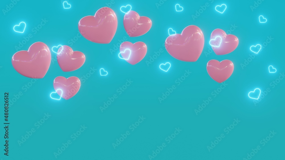 Happy Valentine's Day Banner. Greeting Card Hearts Flying. Simple composition with tender hearts. Abstract colorful romantic background with copy space. 3D Rendering.