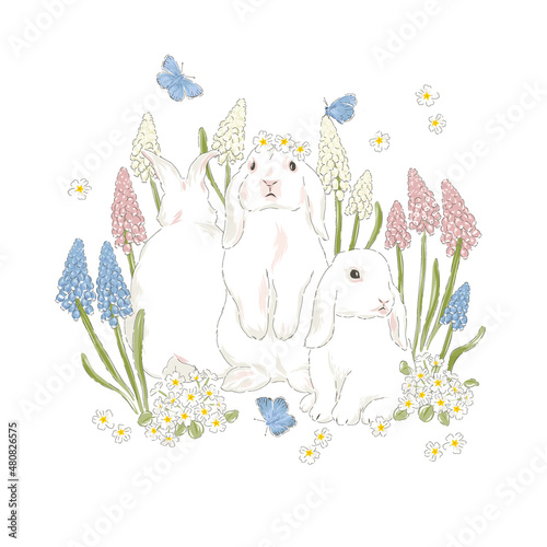 Cute bunny in Spring Bloomy garden with Hyacinth florals and blue butterfly hand drawn vector illustration isolated on white. Vintage delicate romantic nature print for Easter or kids design