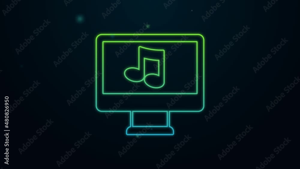 Glowing neon line Computer with music note symbol on screen icon isolated on black background. 4K Video motion graphic animation Glowing neon line Computer with music note symbol on screen icon isolated on black background. 4K Video motion graphic animation