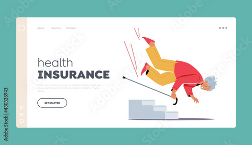 Health Insurance Landing Page Template. Senior Lady with Walking Cane Slip on Stairs Falling Down, Old Woman Clumsiness