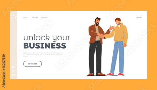 Congratulating with Success Landing Page Template. Businessman Company Boss Shaking Hand to Office Employee, Encouraging