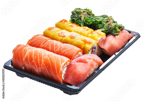  Delivery tray of sushi isolated over white background