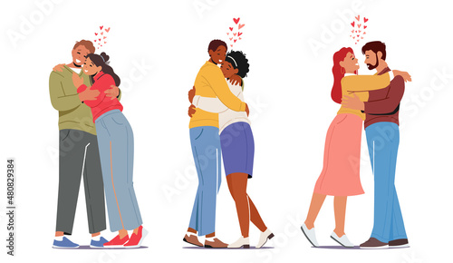 Happy Men and Women Embracing and Hugging. Loving Couples Hug, Romantic Relations Concept. Male Female Lovers Dating
