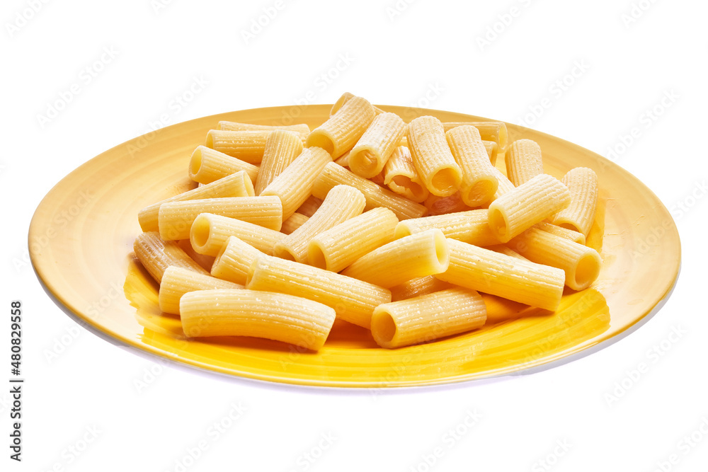  Plate of italian rigatoni pasta over white isolated background