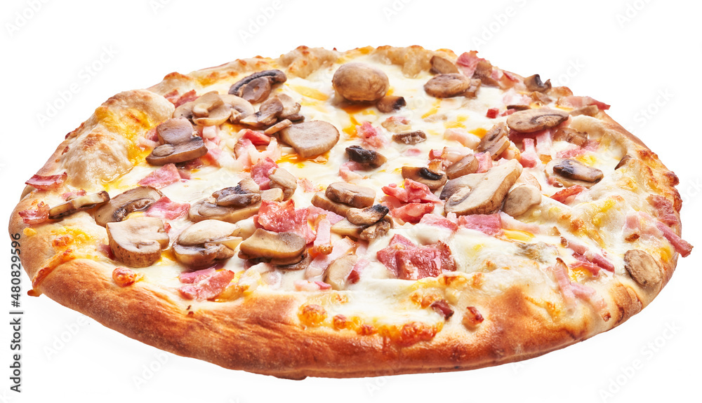  Single italian carbonara pizza over white isolated background