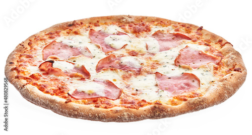  Single italian prosciutto pizza over white isolated background photo