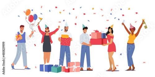 Birthday Party. Group of Cheerful People in Festive Hats with Wine Bottle and Glasses in Hands Celebrating Holiday