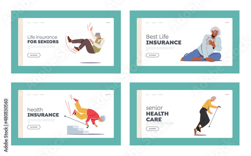 Old People Stumble Landing Page Template Set. Senior Male and Female Character Fall Down on the Ground, Health Insurance