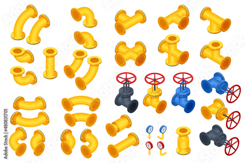 Isometric Valves and Piping, Communications, Stop Valves, Appliances. Gas industry, gas transport system. Construction Pieces pipes, fittings, gate valve, faucet. Water, plastic, icon, wrench, pipe