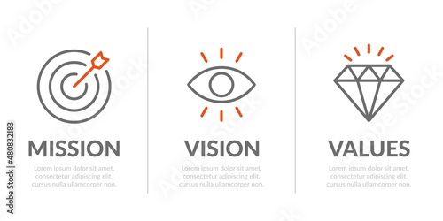 Mission, Vision and Values of company in modern flat design concept for web template and business presentation.