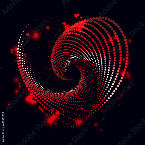Abstract spiral heart shape made of halftone dots, red color glittering sparks, vector illustration on dark background