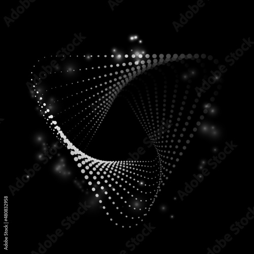 Abstract spiral triangle shape made of halftone dots, black and white color glittering sparks, vector illustration on dark background