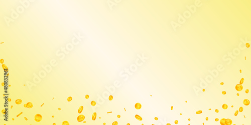Indian rupee coins falling. Great scattered INR coins. India money. Immaculate jackpot, wealth or success concept. Vector illustration.