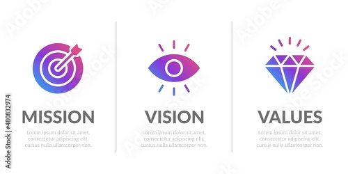 Mission, Vision and Values of company in modern gradient design concept for web template and business presentation.