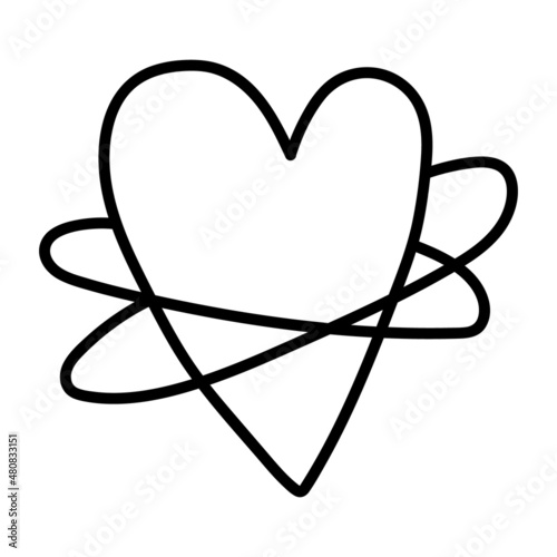 A heart-shaped planet in doodle style.  Contour vector drawing of a space object. Asteroid, planet of love