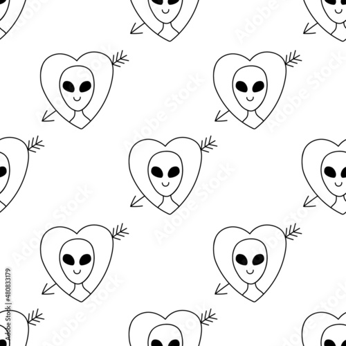 Seamless doodle pattern with aliens in love, cupid, space. Background with contour drawings of planets, hearts, love, humanoid. Creative romantic print