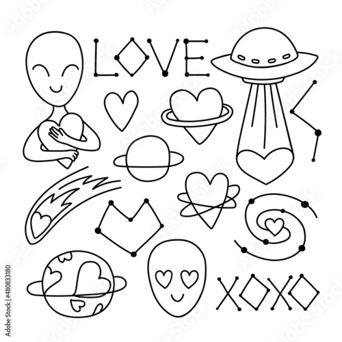 Contour vector drawing of a UFO.Alien love in doodle style.  Romantic Valentine's day clip art, valentine, graphics symbol of love, extraterrestrial set