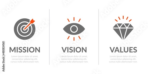 Mission, Vision and Values of company in modern flat design concept for web template and business presentation.
