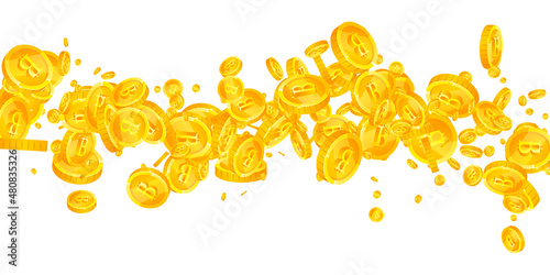 Bitcoin, internet currency coins falling. Great scattered BTC coins. Cryptocurrency, digital money. Unique jackpot, wealth or success concept. Vector illustration.