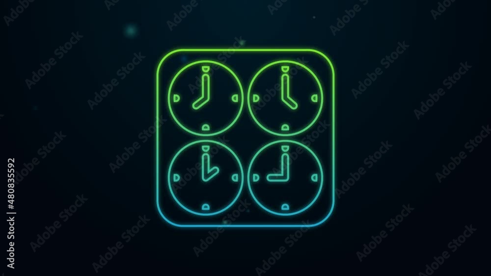 Glowing neon line Time zone clocks icon isolated on black background. 4K Video motion graphic animation Glowing neon line Time zone clocks icon isolated on black background. 4K Video motion graphic animation