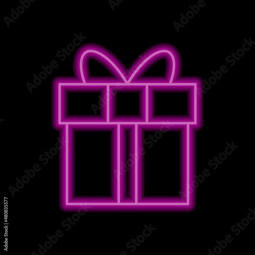 Gift simple icon vector. Flat desing. Purple neon on black background.ai