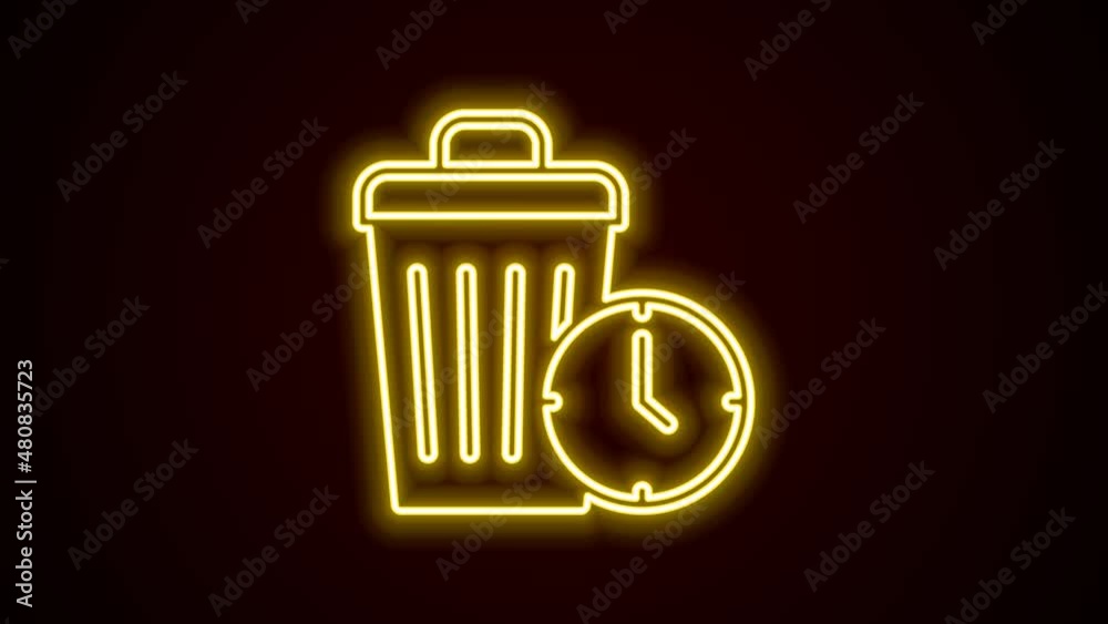 Glowing neon line Waste of time icon isolated on black background. Trash can. Garbage bin sign. Recycle basket icon. Office trash icon. 4K Video motion graphic animation Glowing neon line Waste of time icon isolated on black background. Trash can. Garbage bin sign. Recycle basket icon. Office trash icon. 4K Video motion graphic animation