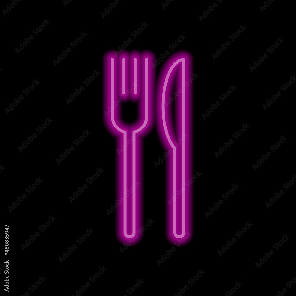 Restaurant, fork knife simple icon. Flat desing. Purple neon on black background.ai