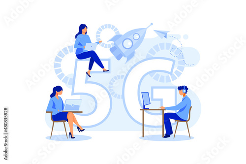 Vector illustration of 5G internet. A man with a laptop at the table, another with a briefcase is walking next to the rocket, women are sitting on a 5G sign, against the background of quadcopters
