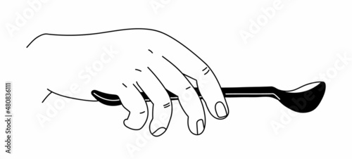 Vector isolated linear illustration with a hand holding a spoon. The concept of cutlery, appliances.