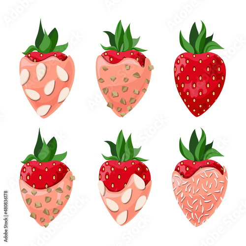 Vector set of strawberries in coral chocolate with nut crumbs, coconut flakes and almond chips isolated on white background.