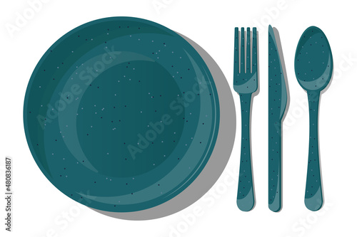 Vector set of emerald crockery and cutlery isolated on white background. Top view of ceramic plate, spoon, fork, knife.