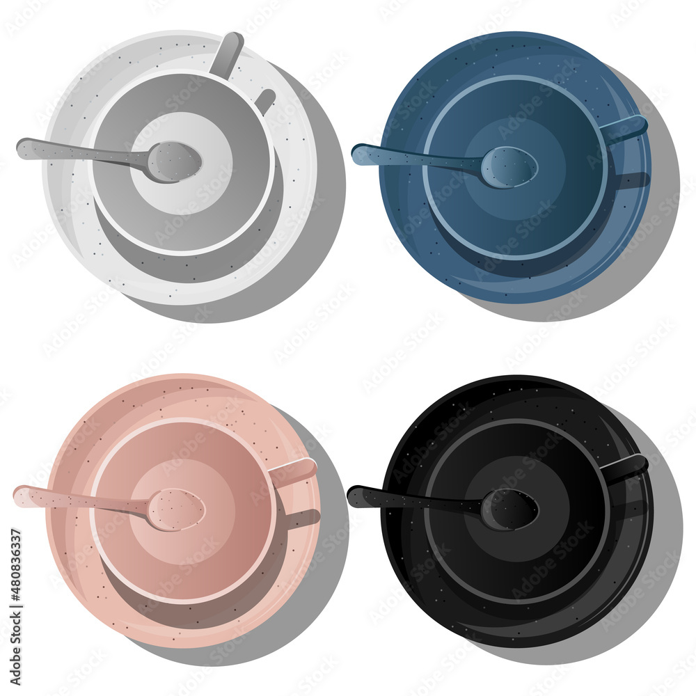Vector set of top view ceramic coral, blue, black, white cups on saucers with spoon.
Vector set of top view ceramic coral, blue, black, white cups on saucers with spoon.