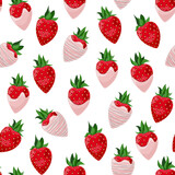 Vector seamless pattern of strawberries in pink chocolate isolated on white background.
