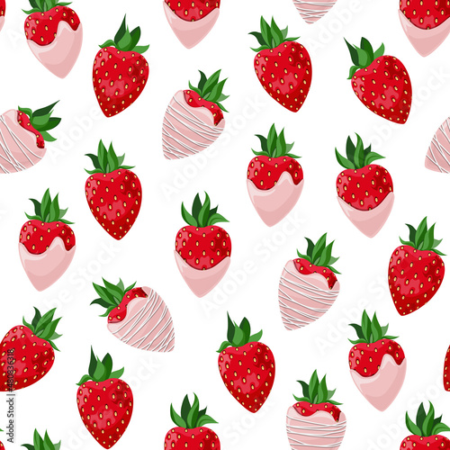 Fototapeta Naklejka Na Ścianę i Meble -  Vector seamless pattern of strawberries in pink chocolate isolated on white background.