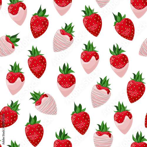 Vector seamless pattern of strawberries in pink chocolate isolated on white background.