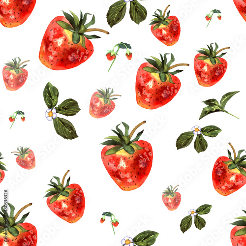 Fototapeta Naklejka Na Ścianę i Meble -  Watercolor strawberry pattern. Spring pattern. Strawberry background.....