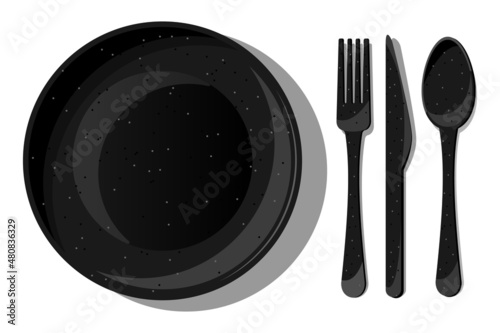 Vector set of black crockery and cutlery isolated on white background. Top view of ceramic plate, spoon, fork, knife.
