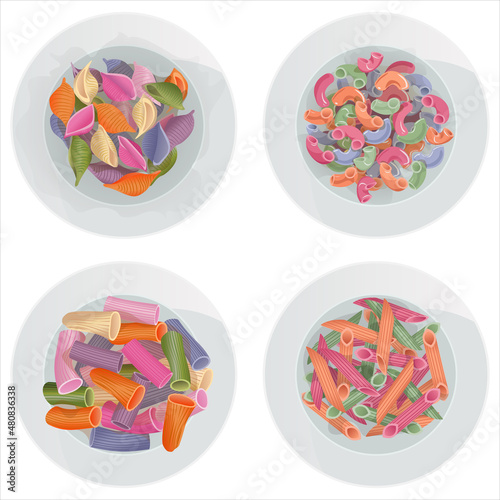 Vector set of colorful pasta rigatoni, elbow, penne rigate, conchiglie in a plate isolated on white background. Top view portion.