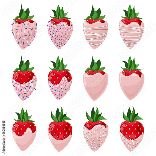 Vector set of strawberries covered with pink chocolate decorated with confectionery topping and coconut flakes isolated on white background.
