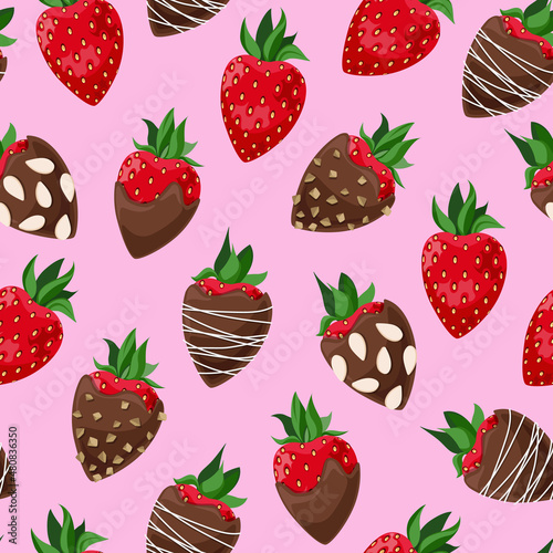 Vector seamless pattern of strawberries in milk chocolate decorated with nut crumbs and almond chips isolated on pink background.