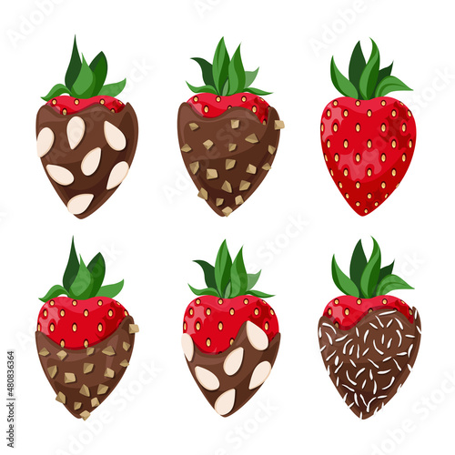 Vector set of strawberries in milk chocolate with nut crumbs, coconut flakes and almond chips isolated on white background.