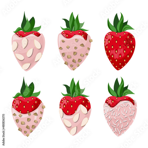 Vector set of strawberries in pink chocolate with nut crumbs, coconut flakes and almond chips isolated on white background.